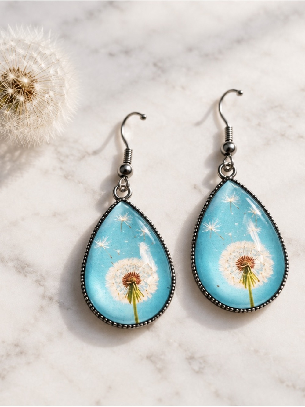 Fashion Jewelry Blue Dandelion Teardrop Earrings